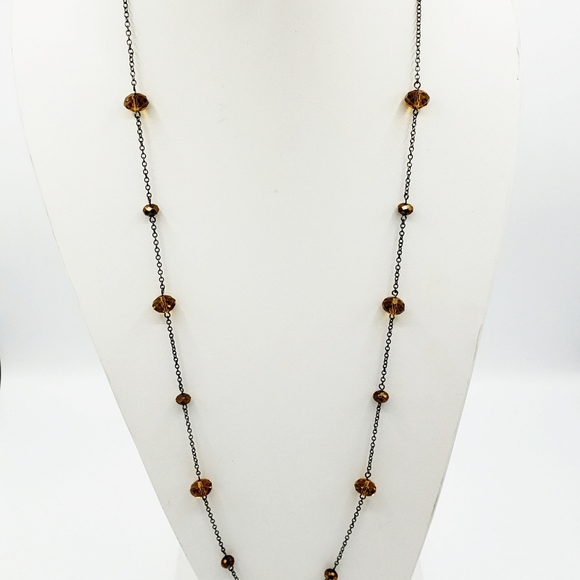 Dainty Long Necklace | Dark Chain Amber-tone Beads - Picture 5 of 8